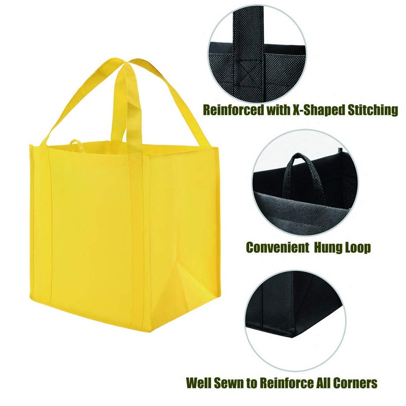 NERUB Set of 10 Reusable Grocery Bags Heavy Duty Shopping Bags Large Grocery Totes with Reinforced Bottom Super Sturdy Handles, Yellow - Image 3